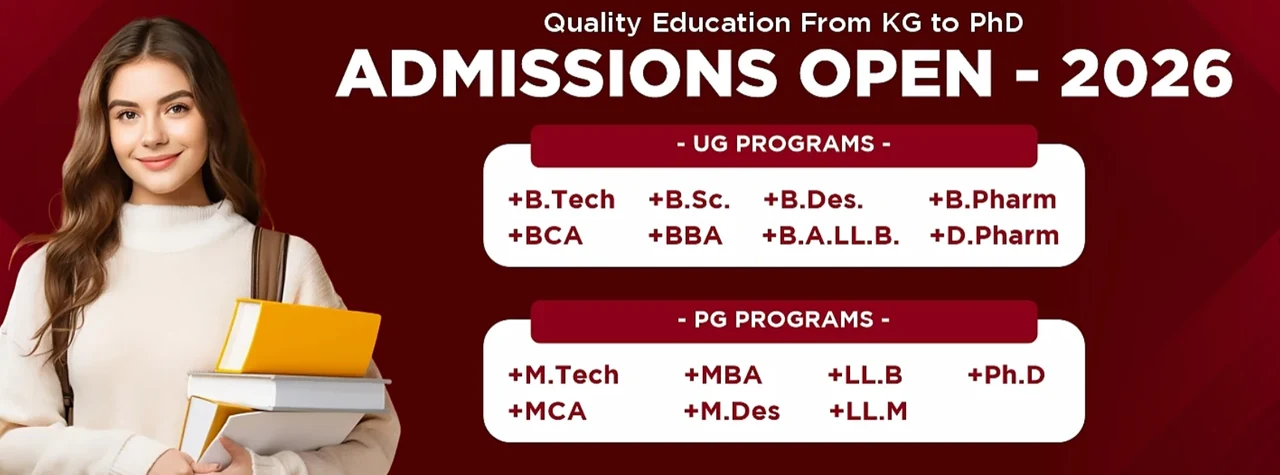 PCU Pimpri Chinchwad University official Admissions Open 2026 banner &mdash; Quality Education From KG to PhD &middot; UG programmes B.Tech, B.Sc, B.Des, B.Pharm, BCA, BBA, B.A.LL.B, D.Pharm &middot; PG programmes M.Tech, MBA, LL.B, MCA, M.Des, LL.M, Ph.D &middot; Apply Now / Enquire Now