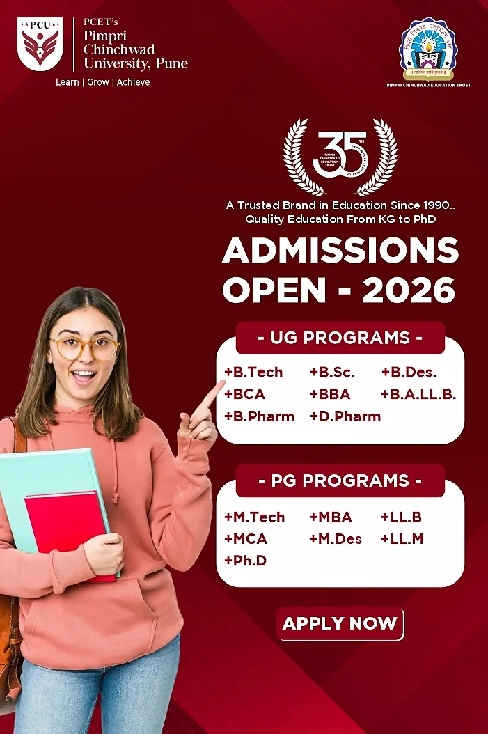 PCU Pimpri Chinchwad University Admissions Open 2026 official popup &mdash; PCET 35-year legacy, Learn Grow Achieve motto, full UG / PG / PhD programme list with Apply Now CTA