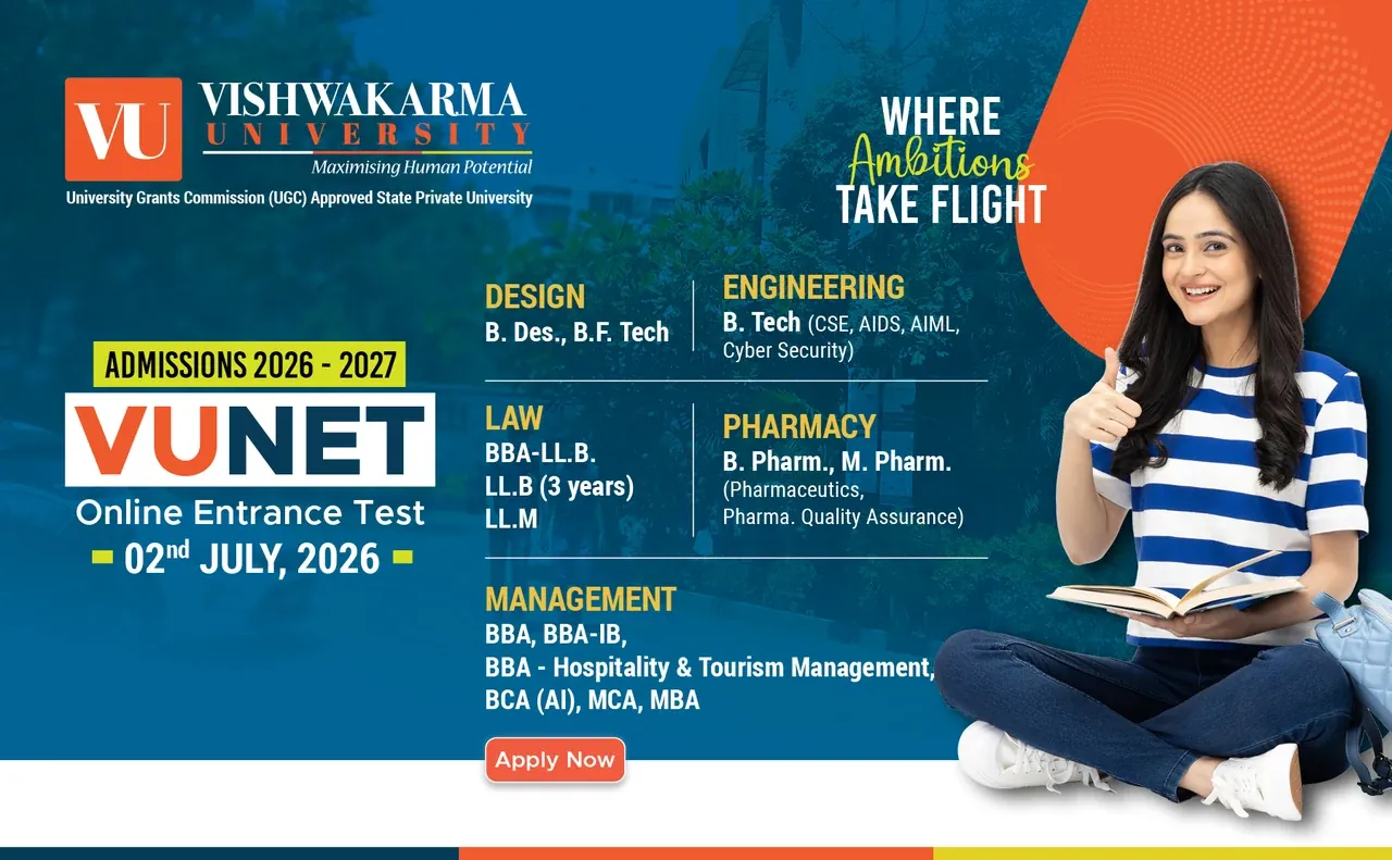 VU Pune VUNET Online Entrance Test 02 July 2026 official popup &mdash; Admissions 2026-2027, programmes by Design / Engineering / Law / Pharmacy / Management, Apply Now CTA