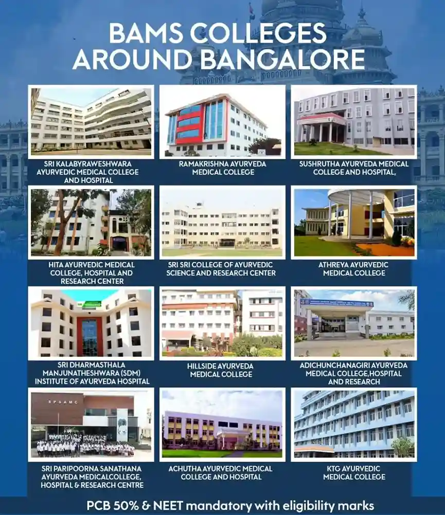 BAMS colleges around Bangalore — Sri Kalabyraweshwara Ayurvedic, Ramakrishna Ayurveda, Sushrutha Ayurveda, Hita Ayurvedic, Sri Sri College of Ayurvedic Science, Athreya Ayurvedic, SDM Institute of Ayurveda, Hillside Ayurveda, Adichunchanagiri Ayurveda, Sri Paripoorna Sanathana, Achutha Ayurvedic, KTG Ayurvedic