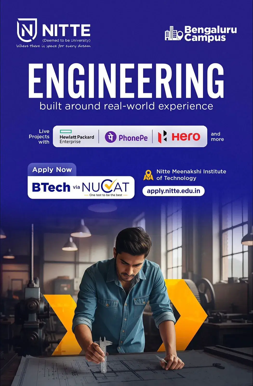 Nitte Bengaluru campus — B.Tech engineering built around real-world experience · Live projects with HP Enterprise, PhonePe, Hero · Apply via NUCAT