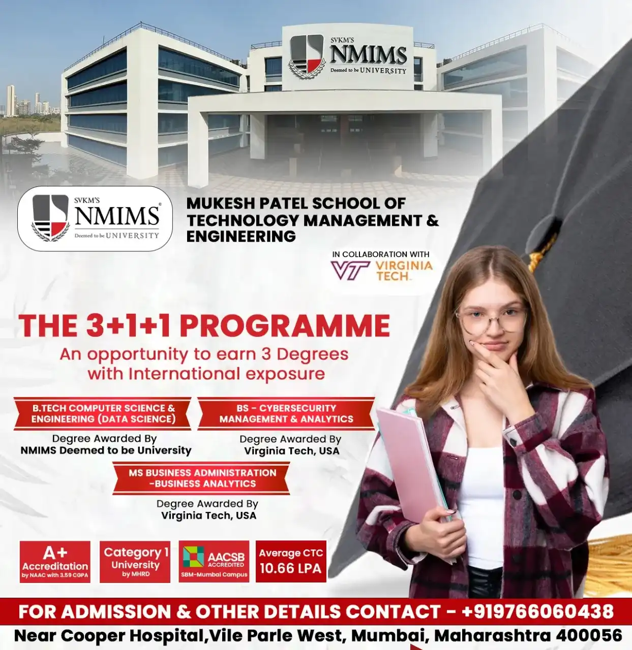 NMIMS Mukesh Patel School of Technology Management & Engineering — 3+1+1 programme in collaboration with Virginia Tech, USA · B.Tech CSE Data Science + BS Cybersecurity + MS Business Administration