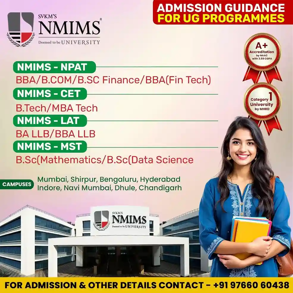 NMIMS UG programmes including NMIMS LAT for BA LLB / BBA LLB admission · A+ NAAC · Category 1 University · 8 campuses across India