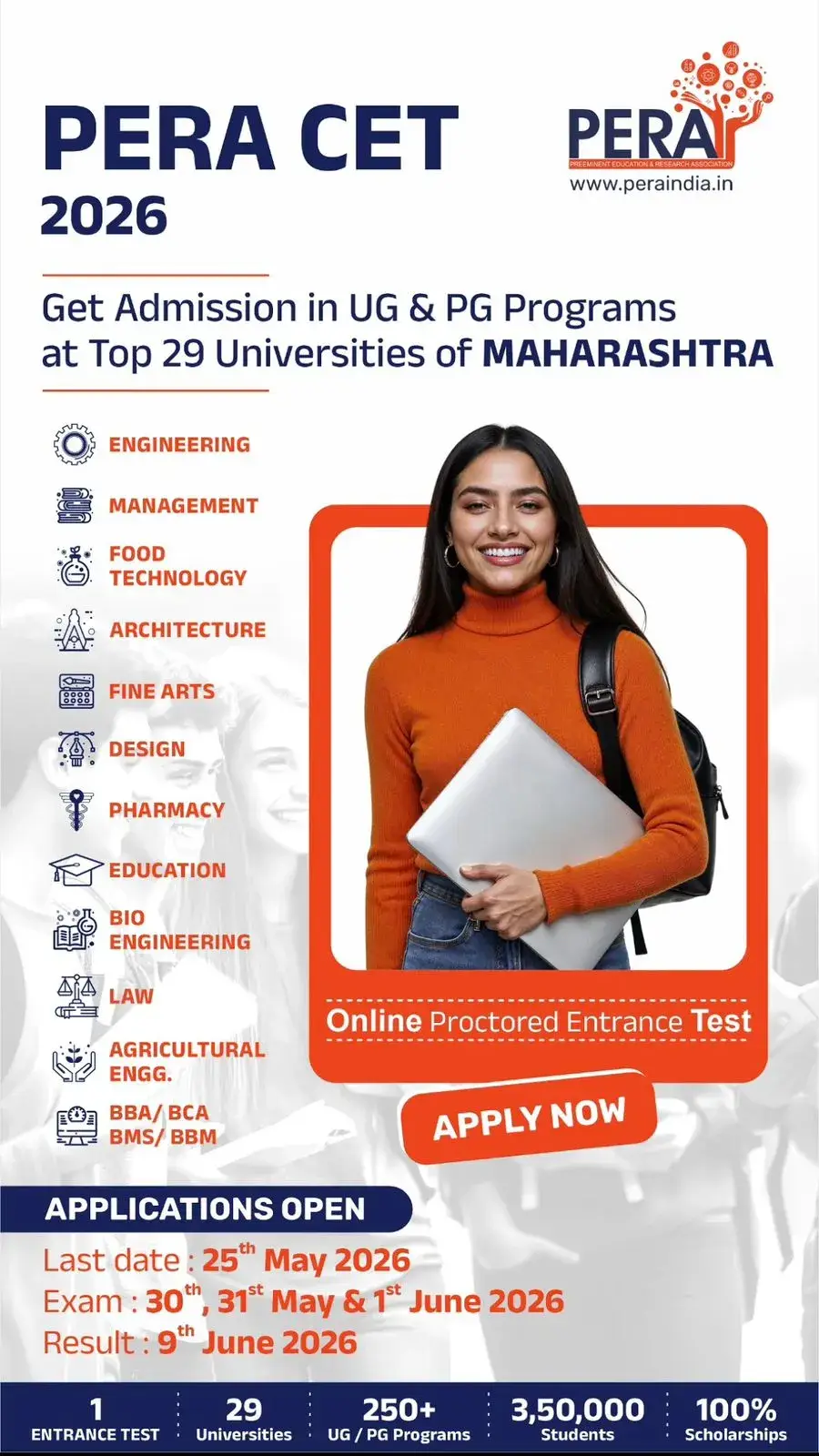 PERA CET 2026 official banner — admission for UG & PG programs at top 29 Maharashtra universities · Last date 28 May 2026 · Exam 30-31 May & 1 June 2026