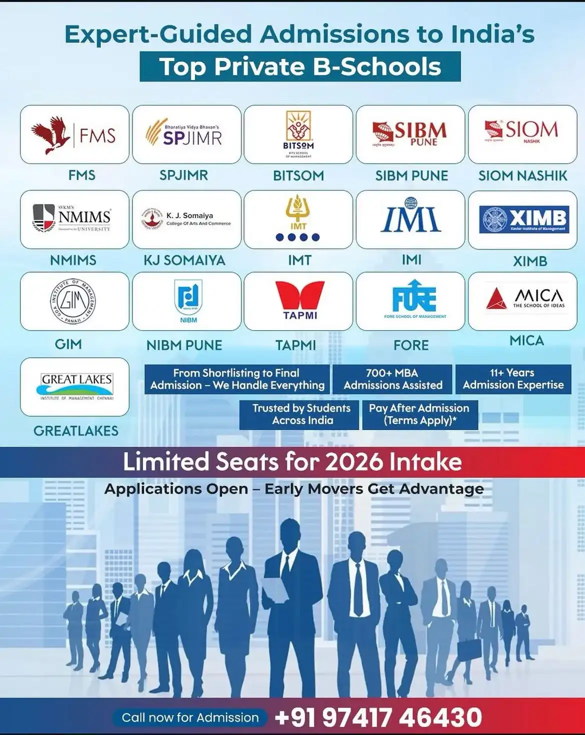 Expert-guided admissions to India's top private B-Schools — SIBM Pune, NMIMS, KJ Somaiya, BITSOM, FMS, SPJIMR, IMT, IMI, XIMB, GIM, NIBM Pune, TAPMI, FORE, MICA, Great Lakes