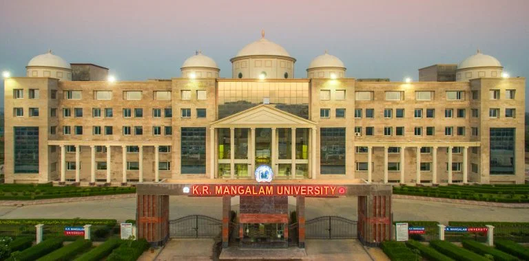K.R. Mangalam University Gurugram campus illuminated at night, Sohna Road