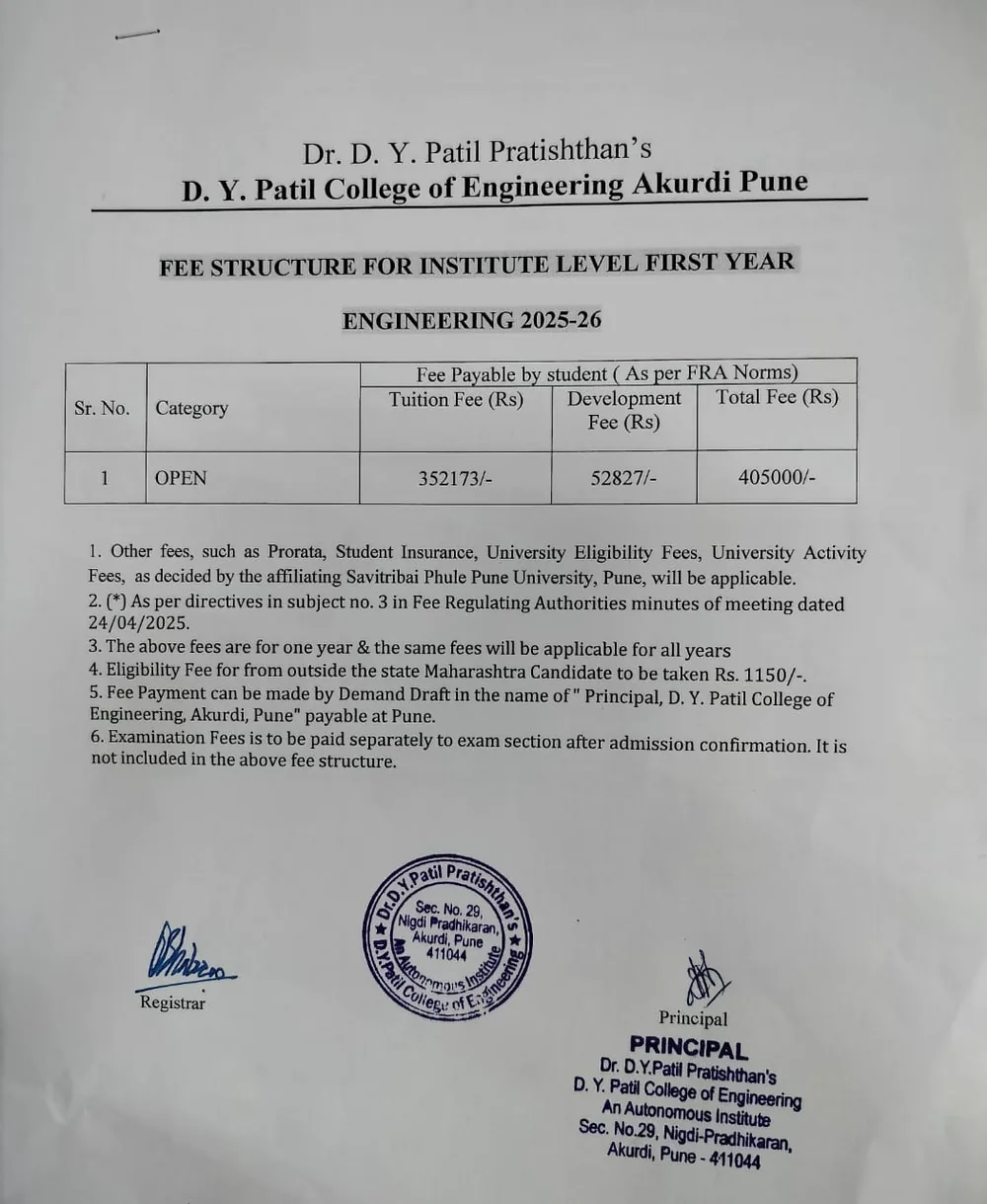 Official D.Y. Patil College of Engineering Akurdi Institute-Level First Year Engineering fee structure — Open total ₹4,05,000 per year